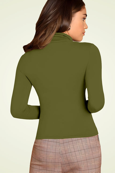 Women Olive Highneck Full Sleeves T-Shirt
